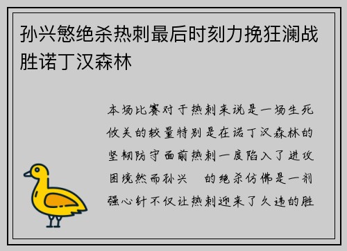 孙兴慜绝杀热刺最后时刻力挽狂澜战胜诺丁汉森林