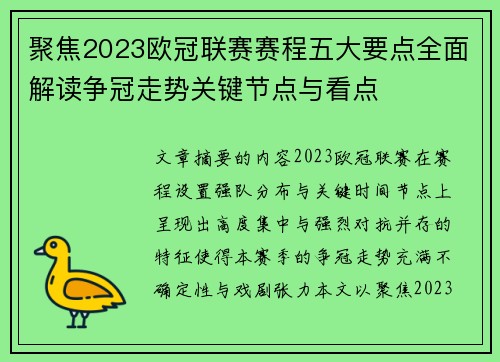 聚焦2023欧冠联赛赛程五大要点全面解读争冠走势关键节点与看点